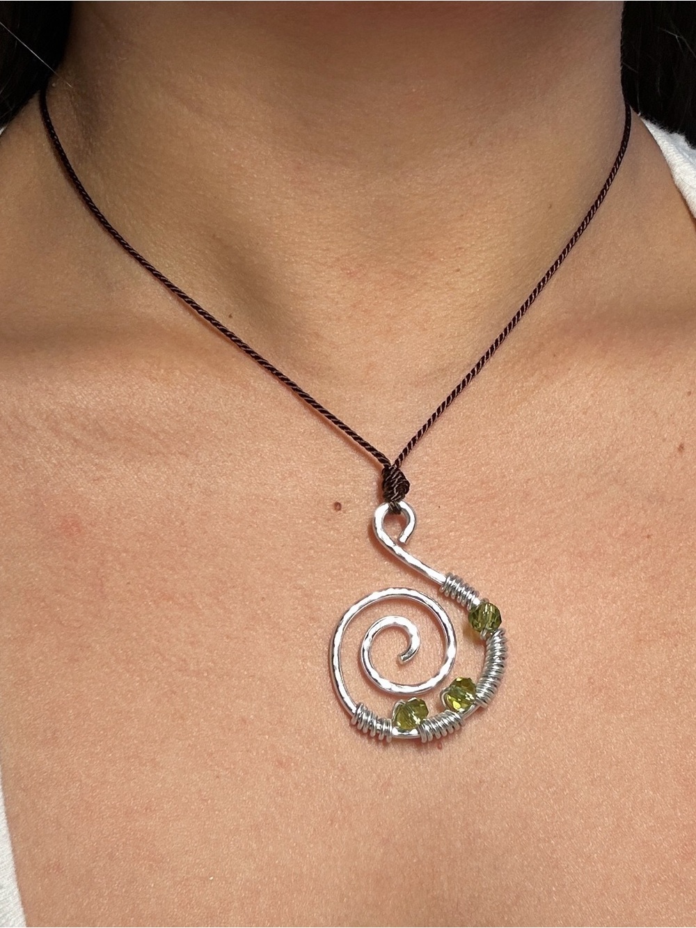 Silver Spiral Pendant Necklace with Olive Green Beads adjustable cord cottagecor